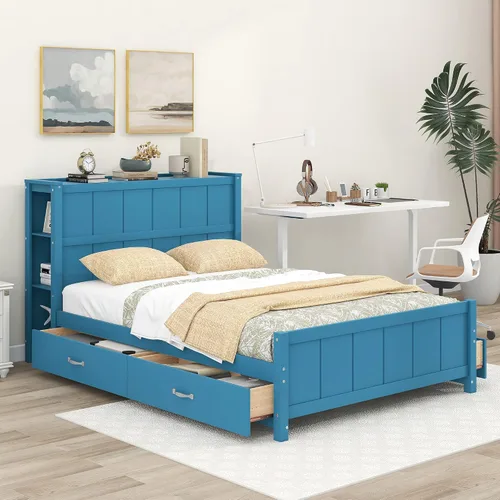 Vista 3 de Cama de plataforma de tamaño matrimonial con cajones y estantes de almacenamiento, base de cama de madera maciza, base de colchón con cabecera