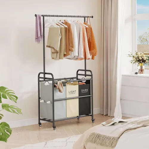 Vista 8 de Tajsoon Carrito Clasificador de Lavandería con Perchero para Colgar Ropa, Organizador de 3 Cestas Clasificadoras Butler, Carrito Cesto de Lavandería