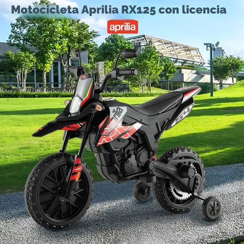 Vista 3 de OLAKIDS Motocicleta para niños, Aprilia RX125 12V con licencia, moto eléctrica de cross montable con ruedas de entrenamiento, suspensión de resorte