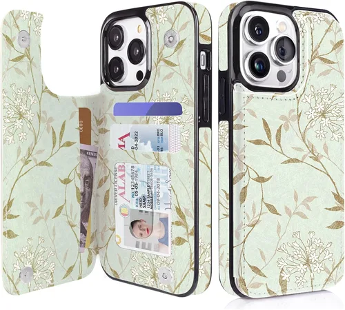 Vista 40 de uCOLOR - Funda tipo cartera para iPhone 15 con tarjetero y diseño de lunares con leche de almendra Bloqueo RFID de piel sintética para mujeres