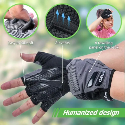 Vista 2 de Joachitec - Guantes de ciclismo para hombres y mujeres, almohadilla de gel que absorbe los golpes, antideslizante, medio dedo, transpirable, guantes