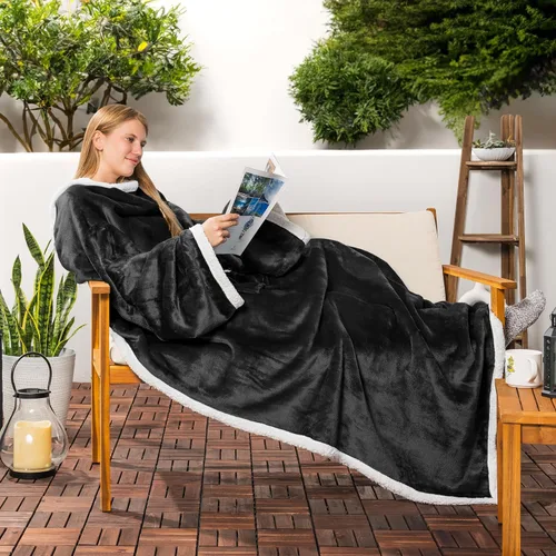 Vista 4 de PAVILIA Manta Sherpa Vestible con Mangas y Bolsillo, Manta Corporal Envolvente Gruesa de Felpa Acogedora para Adultos Mujeres Hombres, Regalo
