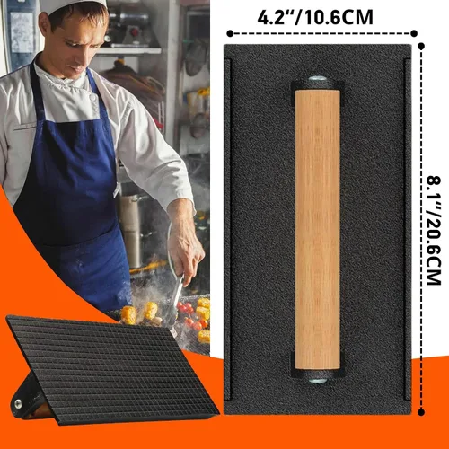 Vista 2 de onlyfire Prensa para carne de hierro fundido con mango de madera, ideal para exprimir la grasa de carnes, aplanar tocino, paninis y hamburguesas