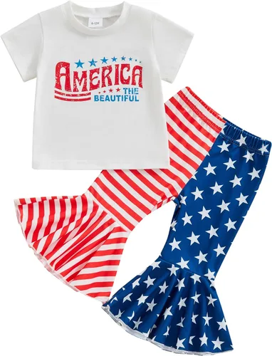 Vista 2 de YINGISFITM Conjunto de 2 piezas de camiseta de manga corta con estampado de conejito para bebé niña, pantalones acampanados, ropa de verano Camisa