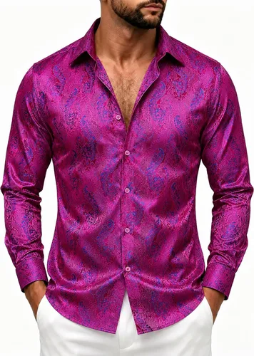 Vista 46 de DiBanGu Camisa de vestir de paisley de seda para hombre, formal, de manga larga, con cuello abotonado, camisas informales para fiesta de boda Negro