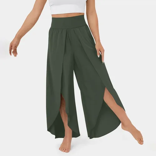 Vista 2 de Pantalones de pierna ancha para mujer, pantalones de yoga holgados con abertura y cintura alta, pantalones deportivos de pilates, pantalones