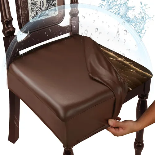 Vista 14 de Juego de 4 fundas de asiento impermeables para sillas de comedor, fundas de asiento de cocina de cuero, resistentes a las manchas, fundas elásticas