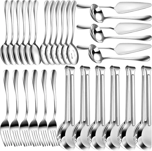 Vista 7 de Thenshop Juego de 30 utensilios de servir de acero inoxidable que incluye cucharas grandes, cucharas ranuradas, tenedores, cucharón de sopa, tarta