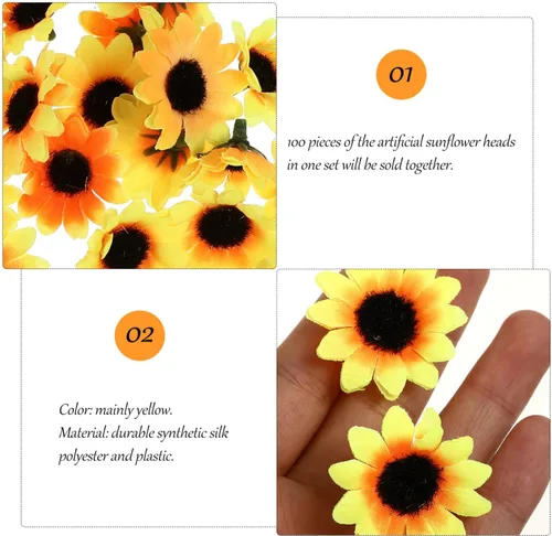 Vista 2 de Uonlytech 100 cabezas de girasol artificiales de plástico, cabezas de girasol pequeñas para decoración de pasteles de boda, fiesta en el hogar