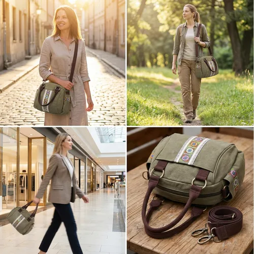 Vista 6 de Bolso de mano de lona para mujer, bolso cruzado vintage resistente
