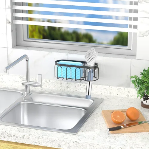 Vista 4 de Soporte de esponja 2 en 1 para fregadero de cocina, organizador de fregadero de cocina con 3 ventosas, soporte de esponja para fregadero a prueba