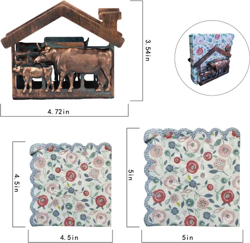 Vista 6 de Servilletero de metal de vaca y ternero para mesa, mini servilleteros de granja para servilletas de papel, rústico, servilletas de cobre antiguo