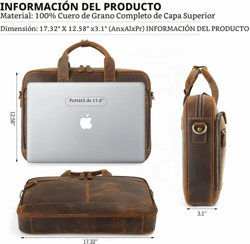 Vista 3 de Jack&Chris Full Grain Leather Briefcase for Men, Business Messenger Bag Laptop Bag Attache Case, Fits 15.6 Inch Laptop Marrón