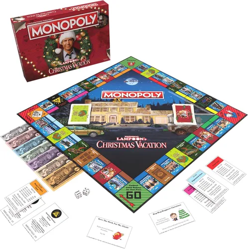 Vista 3 de Monopoly Vacaciones de Navidad de National Lampoons, con fichas temáticas de ardilla, taza de ponche de huevo, motosierra y más, 2-6 jugadores
