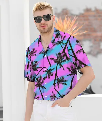 Vista 4 de LARSD Camisas de los años 80 para hombre, camisa con botones de los años 90, camisa vintage retro hawaiana de playa, camisa de discoteca de neón