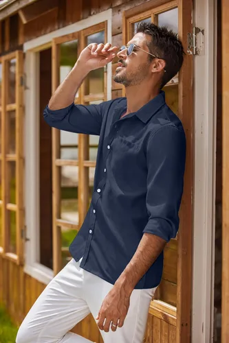 Vista 27 de COOFANDY Camisa Oxford de manga larga con botones para hombre, camisas de vestir de ajuste regular