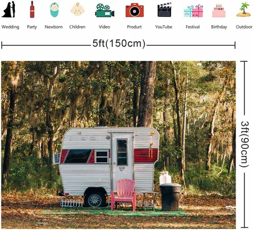 Vista 2 de Fondo de campamento para fiesta, campamento, 5 x 3 pies, bosque soleado, caravana, remolque, paisaje de naturaleza, fotografía de fondo, utilería