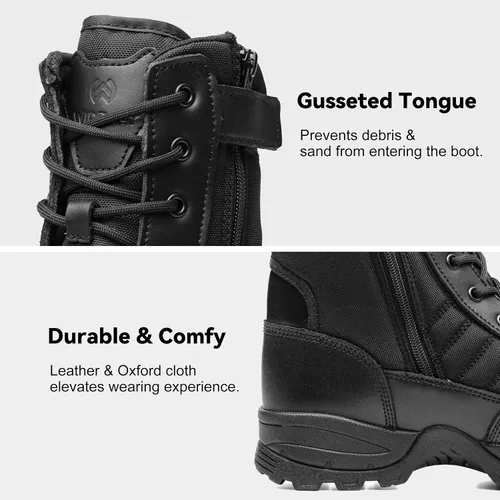 Vista 6 de Botas tácticas para hombre, 8 pulgadas, cremallera lateral, botas militares de combate de cuero, botas de trabajo para hombres, policía, motocicleta