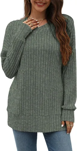Vista 3 de Suéter suelto con cuello en V y manga larga para mujer, sudadera de punto a la moda