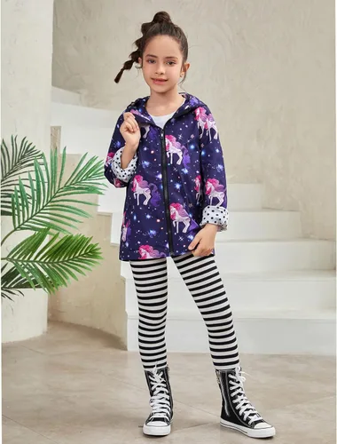 Vista 4 de QPANCY Chamarras de lluvia para niñas, ligeras, impermeables, con capucha, de longitud media, rompevientos para niños