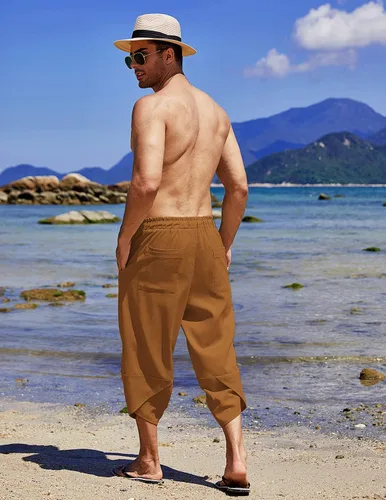 Vista 4 de COOFANDY Pantalones capri harén de lino para hombre, ligeros, sueltos, 34, con cordón elástico, cintura elástica, pantalones casuales para yoga