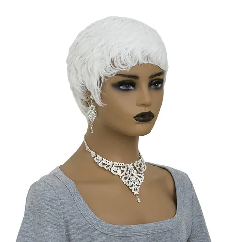 Vista 2 de Pelucas blancas cortas Pixie para mujeres negras, cabello sintético ondulado natural con gorra ligera, peluca corta de corte Bob con textura suave