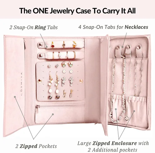 Vista 7 de COSMIYA Organizador de joyas de viaje de cuero vegano de lujo, rollo de joyas, bolsa de joyería de viaje, organizador de viaje de joyería