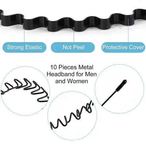 Vista 3 de 6 unidades de diademas de metal, muelle ondulado, unisex, color negro, antideslizante, para peinado liso, diadema deportiva para mujeres y hombres