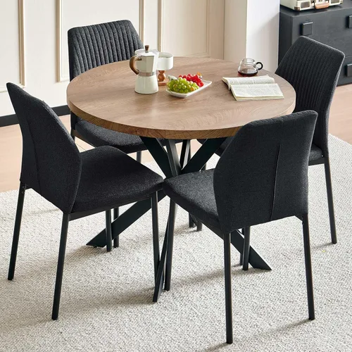 Vista 15 de Juego de mesa de comedor para 4, mesa de comedor rectangular irregular de madera moderna, sillas de comedor de cuero, 4 mesas y sillas, juego de 4
