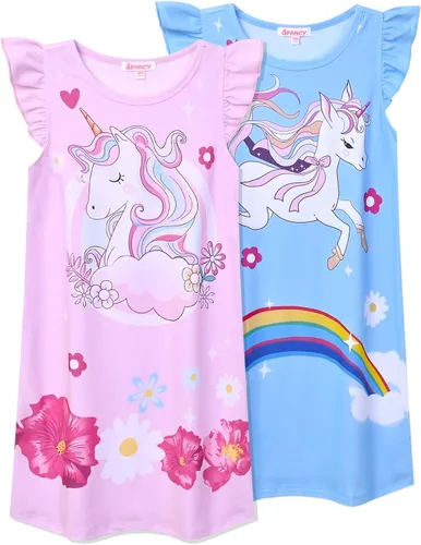 Vista 9 de QPANCY Paquete de 2 camisones para niñas, pijamas con mangas con vuelo, vestidos de noche de princesa, ropa de dormir de algodón