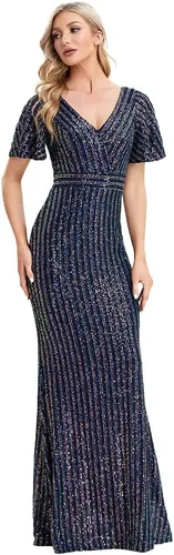 Vista 2 de Vestido de fiesta brillante con lentejuelas, corte sirena con mangas para mujer, para fiestas de graduación