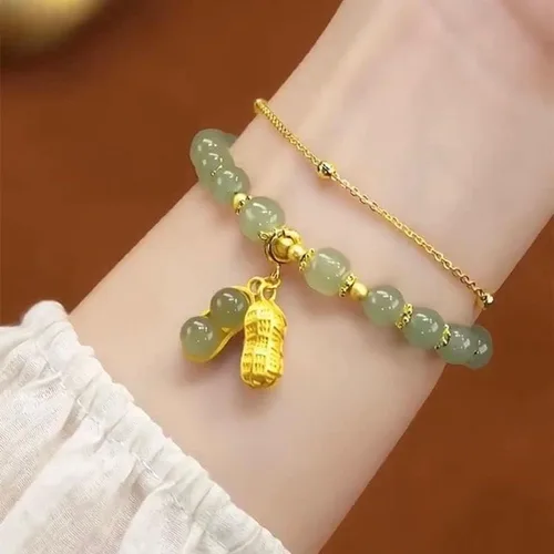 Vista 6 de SJDOFU Pulsera de cuentas de jade Hetian Jade Peanut Colgante Pulsera elástica para mujer (verde claro), Esmeralda, Jade