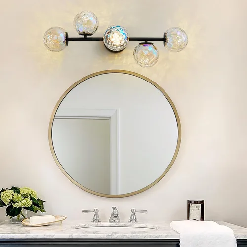 Vista 6 de Luz LED negra para tocador de baño: 5 luces de vidrio martillado colorido globo de luz - Luces de pared únicas de mediados de siglo modernas