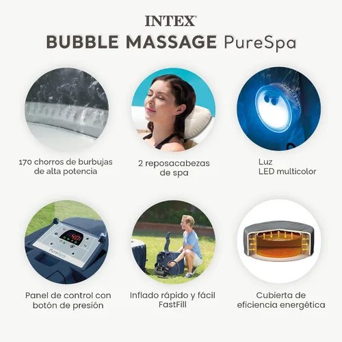 Vista 4 de INTEX PureSpa - Bañera de hidromasaje inflable para 6 personas con cubierta