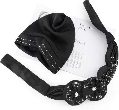 Vista 4 de Woeoe Gorro para la cabeza con diamantes de imitación negros, bufanda para la cabeza con perlas de flores, turbante para mujeres y niñas, Color-1
