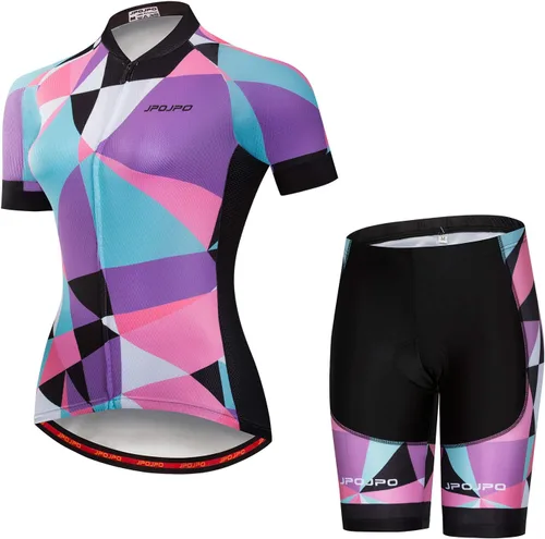 Vista 61 de Camiseta de ciclismo para mujer, manga corta y pantalones cortos de ciclismo acolchados para verano