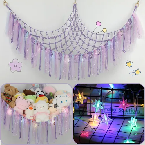Vista 7 de Hamaca de animales de peluche con luces LED, red grande de almacenamiento de juguetes de 59 pulgadas para dormitorio de niños, organizador de felpa