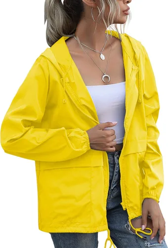 Vista 16 de PESION Chaqueta impermeable ligera para mujer, rompevientos con capucha y bolsillo para exteriores Verde militar