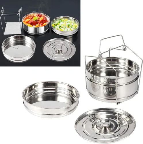 Vista 9 de Juego de ollas apilables de acero inoxidable de 3 niveles para cocinar alimentos a presión accesorios