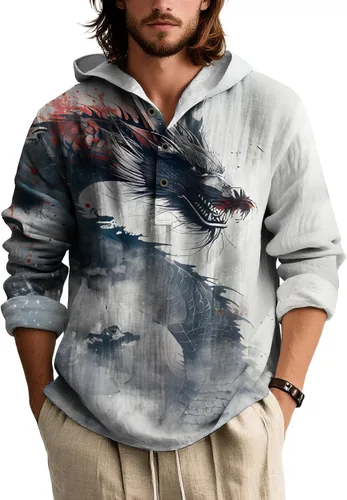 Vista 13 de Sudadera con capucha con estampado novedoso para hombre, multiestilo, manga larga, casual, con botones de un cuarto