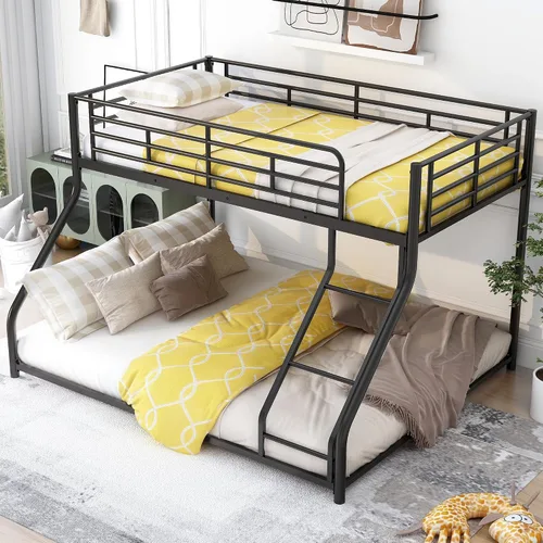 Vista 3 de PURLOVE Litera de metal individual XL sobre Queen para niños, litera baja con escalera, no necesita somier, color negro plateado