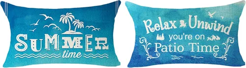 Vista 9 de ITFRO Juego de 2 fundas de cojín lumbar de lino y algodón con diseño de Hello Summer Life is Better in Hip Hops, sandía y océano, para decoración