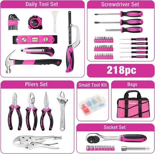 Vista 2 de ValueMax Kit de herramientas rosa, juego de herramientas de reparación del hogar de 218 piezas, kit de herramientas para el hogar con bolsa