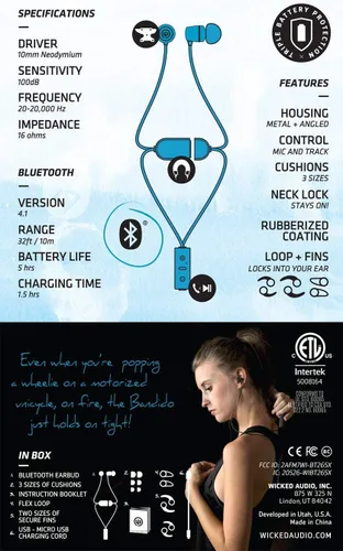 Vista 5 de Wicked Audio Bandido - Auriculares inalámbricos Bluetooth con micrófono y control de pista (azul)