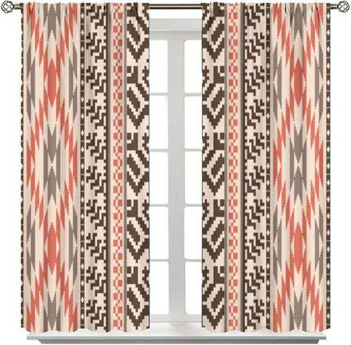 Vista 290 de Cortinas con patrón geométrico tribal, estilo suroeste, azteca, rústico, occidental, nativo americano, opacas, con bolsillo para barra, decoración