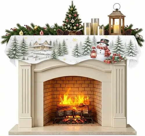 Vista 12 de Daleng Bufanda de repisa de camión de Navidad con muñeco de nieve para chimenea, 60 x 17 pulgadas, árbol de Navidad, copos de nieve, ciervos, verde