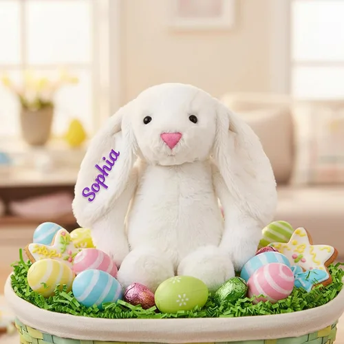 Vista 7 de TNYKER Conejito de Pascua personalizado para bebés, con nombre personalizado, conejito de peluche con orejas largas con monograma, muñeca de conejo
