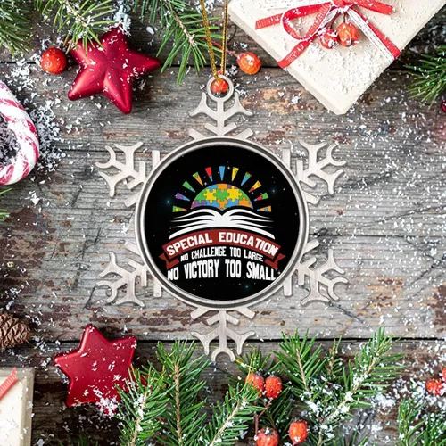 Vista 7 de Adorno de Navidad de copo de nieve de metal para concienciación sobre el autismo, educación especial, autismo, sol, árbol de Navidad, adorno