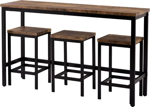 Vista 6 de RUNNA Juego de mesa de comedor extra larga de 4 piezas, mesa auxiliar de cocina de bar con 3 taburetes de bar (marrón)