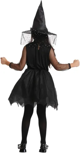 Vista 4 de Oumbivil Disfraz de bruja para niños, disfraz de Halloween para niñas, disfraz gótico de hechicera